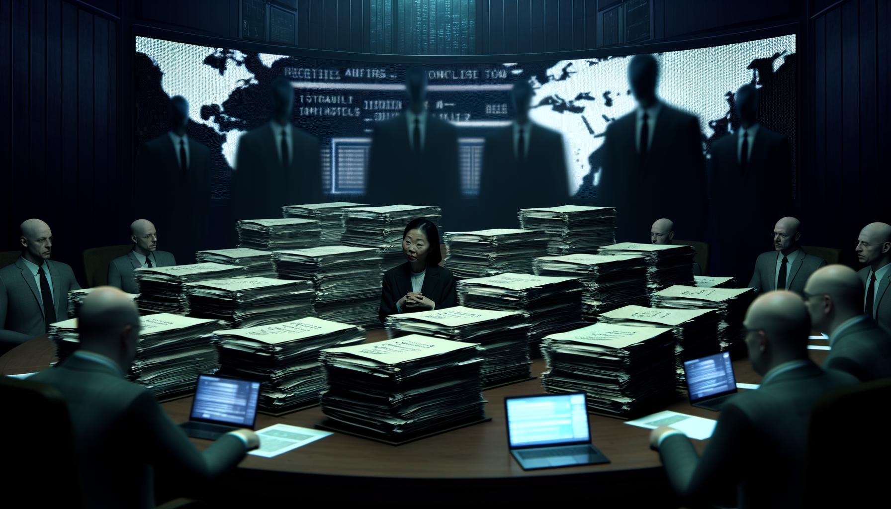 Eine skeptisch wirkende Entscheidungsträgerin in einem düsteren Sitzungssaal, umgeben von vertraulichen Aktenstapeln, Beratern im Halbdunkel und LED-Bildschirmen mit Datenströmen.