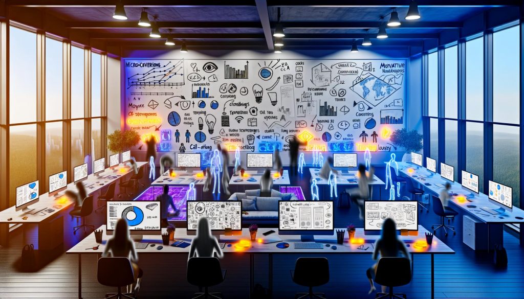 Modernes, futuristisches Marketingagentur-Büro mit Marketers an Whiteboards, großen Analytics-Screens und Testen von Call-to-Action-Buttons auf mehreren Geräten.