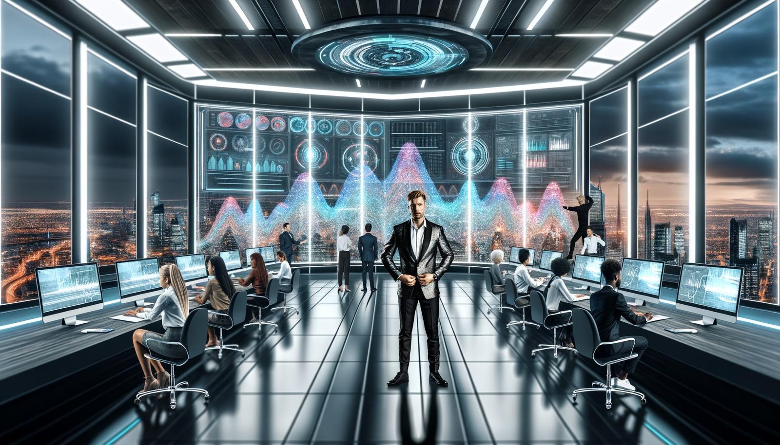 Futuristische Kommandobrücke mit internationalem Team, transparenten Dashboards und Blick auf eine dynamische Großstadt bei Nacht.