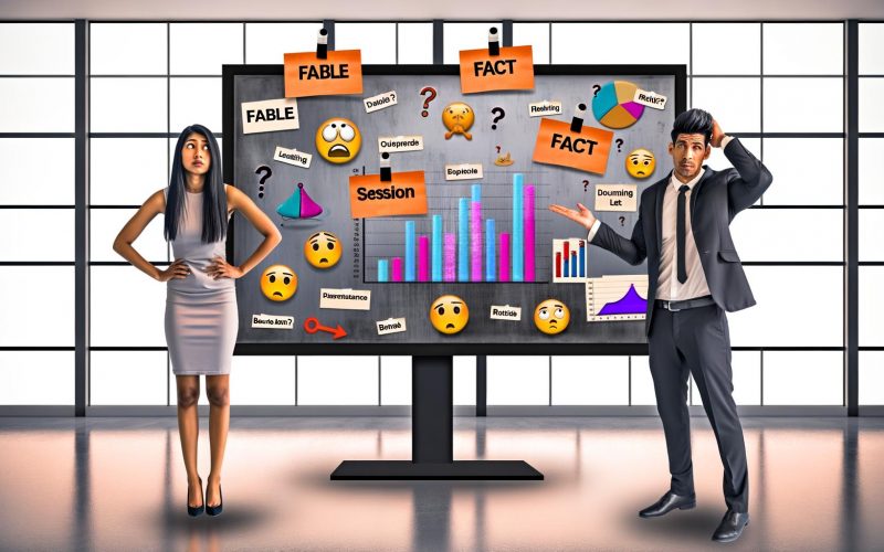 Zwei Marketer betrachten verwirrte Statistiken zur Sitzungsdauer auf großem Dashboard mit Mythen- und Realitäts-Notizen in stilvollem Büro