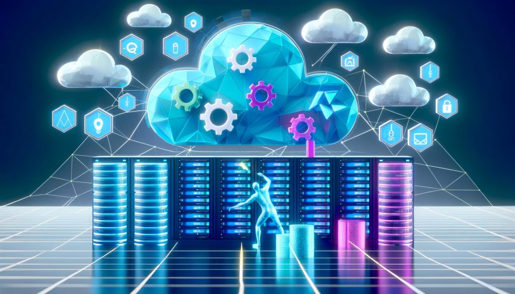 Futuristische Serverlandschaft mit Cloud-Formen, eingebetteten Symbolen für Kubernetes, Docker, Terraform, Git und Sicherheit, orchestriert von einem digitalen Architekten vor einer Schaltplantafel.