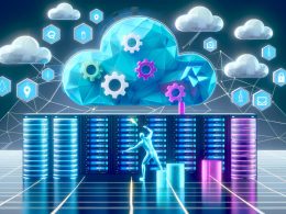 Futuristische Serverlandschaft mit Cloud-Formen, eingebetteten Symbolen für Kubernetes, Docker, Terraform, Git und Sicherheit, orchestriert von einem digitalen Architekten vor einer Schaltplantafel.