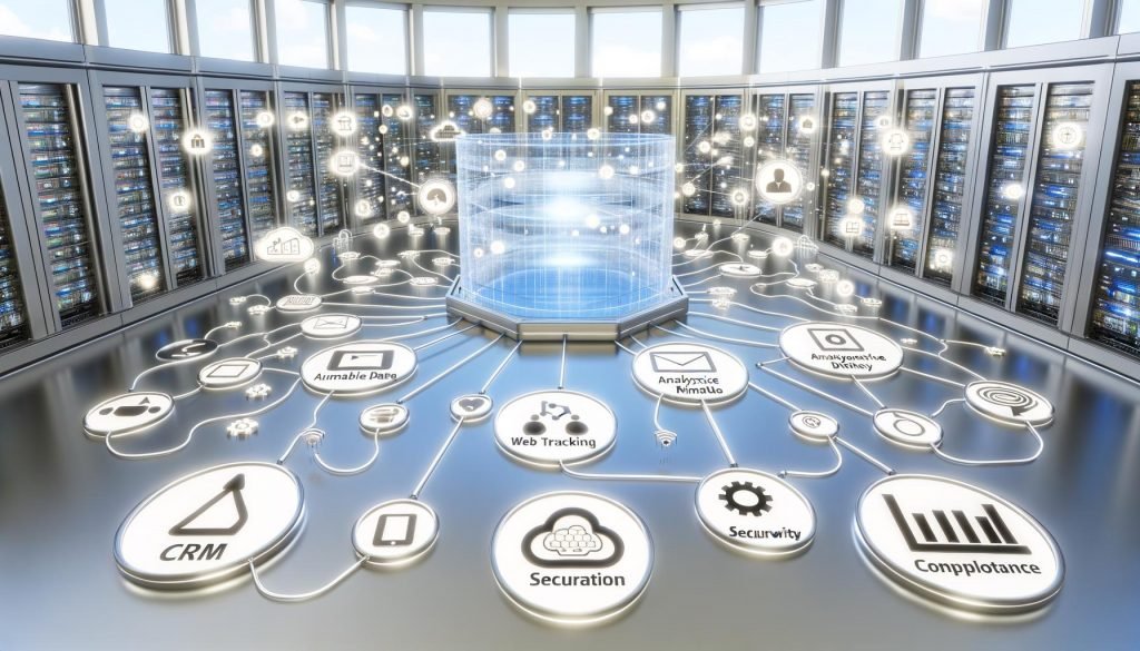 Visualisierung eines digitalen Maschinenraums mit transparentem Data Warehouse, leuchtenden Datenleitungen aus verschiedenen Datenquellen, schwebenden Dashboards und Security-Icons in modernem, lebendigem Design.