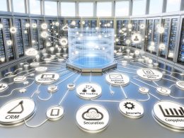 Visualisierung eines digitalen Maschinenraums mit transparentem Data Warehouse, leuchtenden Datenleitungen aus verschiedenen Datenquellen, schwebenden Dashboards und Security-Icons in modernem, lebendigem Design.