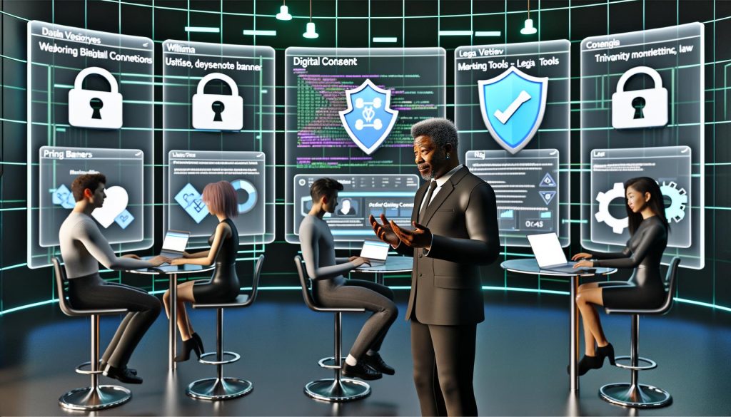 Futuristischer Kontrollraum mit Dashboard für digitale Einwilligungsbanner, vielfältigen Nutzern an Laptops, Tablets und Smartphones sowie Symbolen für Datenschutz und Analysen.