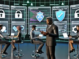 Futuristischer Kontrollraum mit Dashboard für digitale Einwilligungsbanner, vielfältigen Nutzern an Laptops, Tablets und Smartphones sowie Symbolen für Datenschutz und Analysen.