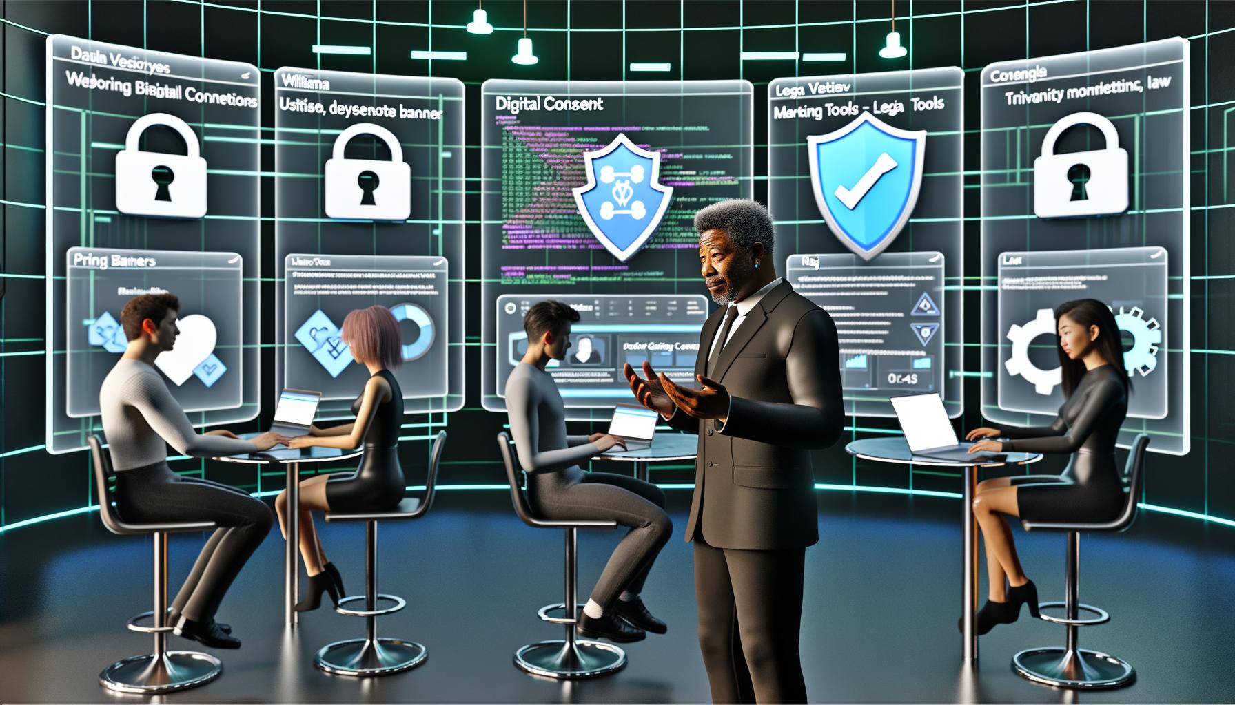 Futuristischer Kontrollraum mit Dashboard für digitale Einwilligungsbanner, vielfältigen Nutzern an Laptops, Tablets und Smartphones sowie Symbolen für Datenschutz und Analysen.