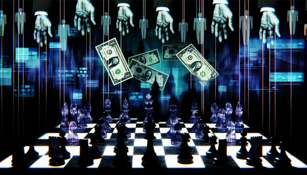 Symbolisches Schachbrett mit Figuren von Politikern, Beratern und Lobbyisten, im Hintergrund unscharfe Regierungsgebäude, Geldscheine und digitale Datenströme. Schattenhände und Marionettenfäden zeigen Manipulation in der Politik.