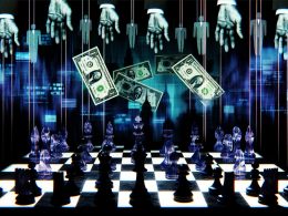 Symbolisches Schachbrett mit Figuren von Politikern, Beratern und Lobbyisten, im Hintergrund unscharfe Regierungsgebäude, Geldscheine und digitale Datenströme. Schattenhände und Marionettenfäden zeigen Manipulation in der Politik.