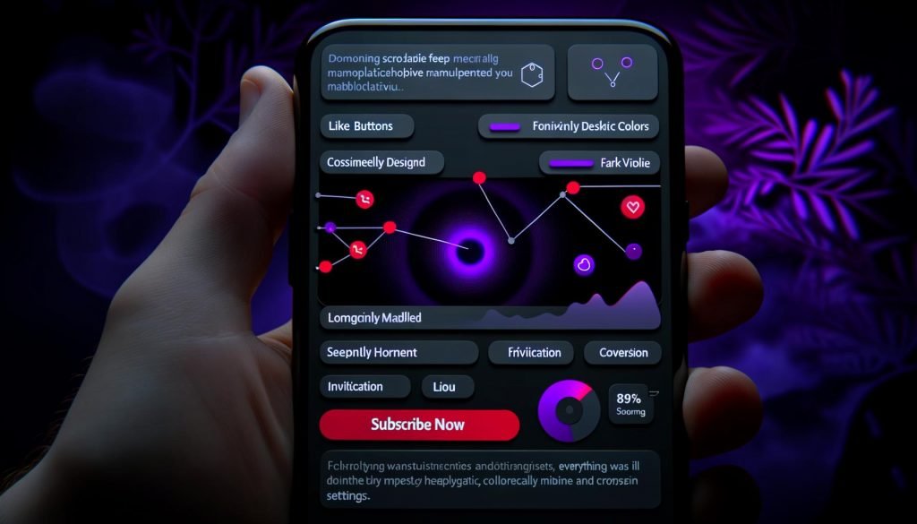 Hochmoderner, dunkler Smartphone-App-Screen mit endlosem Social-Media-Feed, animierten Like-Buttons, rotem Abonnieren-Banner und manipulativen Interface-Elementen, umgeben von subtilen Heatmaps und Eye-Tracking-Analysen.
