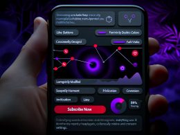 Hochmoderner, dunkler Smartphone-App-Screen mit endlosem Social-Media-Feed, animierten Like-Buttons, rotem Abonnieren-Banner und manipulativen Interface-Elementen, umgeben von subtilen Heatmaps und Eye-Tracking-Analysen.