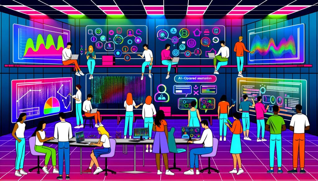 Futuristisches digitales Labor mit Marketers, die multicolore Datenströme, schwebende holografische Charts und KI-Dashboards in einer dynamischen, technologiegetriebenen Umgebung analysieren.
