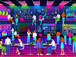 Futuristisches digitales Labor mit Marketers, die multicolore Datenströme, schwebende holografische Charts und KI-Dashboards in einer dynamischen, technologiegetriebenen Umgebung analysieren.