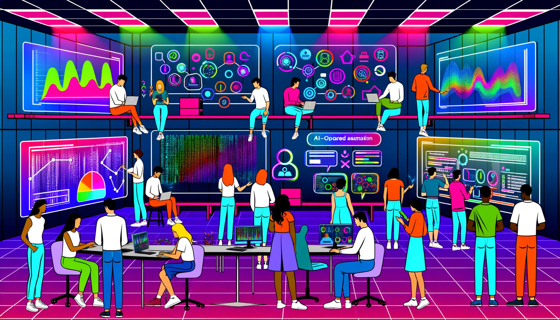 Futuristisches digitales Labor mit Marketers, die multicolore Datenströme, schwebende holografische Charts und KI-Dashboards in einer dynamischen, technologiegetriebenen Umgebung analysieren.