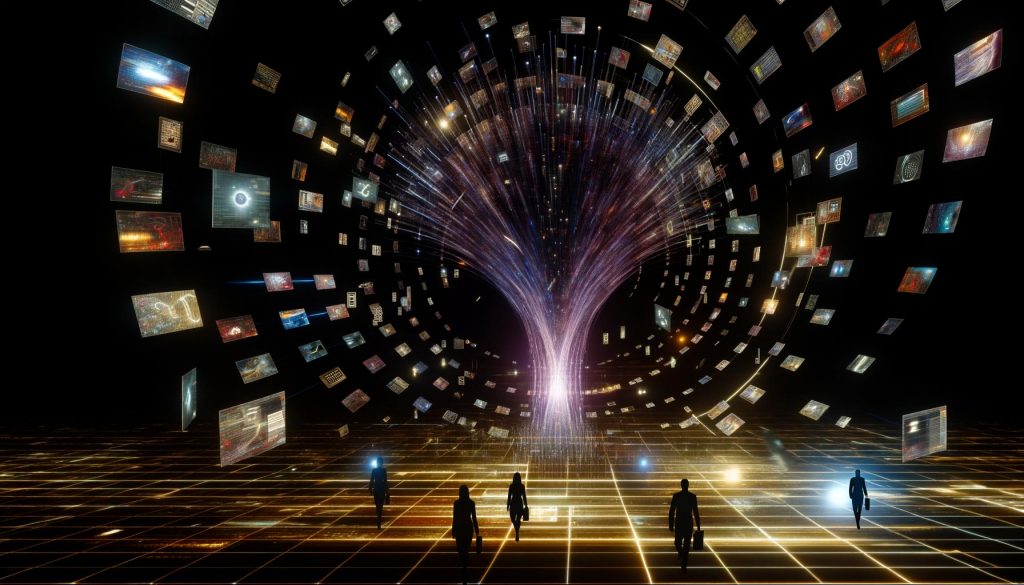 Düsteres, futuristisches Artwork: Zentraler, leuchtender Daten-Trichter mit rotierenden Werbebannern, vernetzten Datenpunkten und Menschen vor Screens, während klassische Werbeobjekte am Bildrand verblassen.