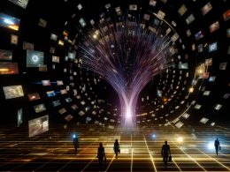 Düsteres, futuristisches Artwork: Zentraler, leuchtender Daten-Trichter mit rotierenden Werbebannern, vernetzten Datenpunkten und Menschen vor Screens, während klassische Werbeobjekte am Bildrand verblassen.