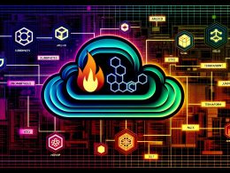 Hochmoderne Illustration einer Cloud-Infrastruktur mit zentraler Cloud, verbundenen Icons von Kubernetes, Prometheus, Terraform, Helm, Grafana, ArgoCD, Jenkins X, Istio, Vault und NGINX, neonleuchtenden Verbindungslinien und technischen Details im Hintergrund.