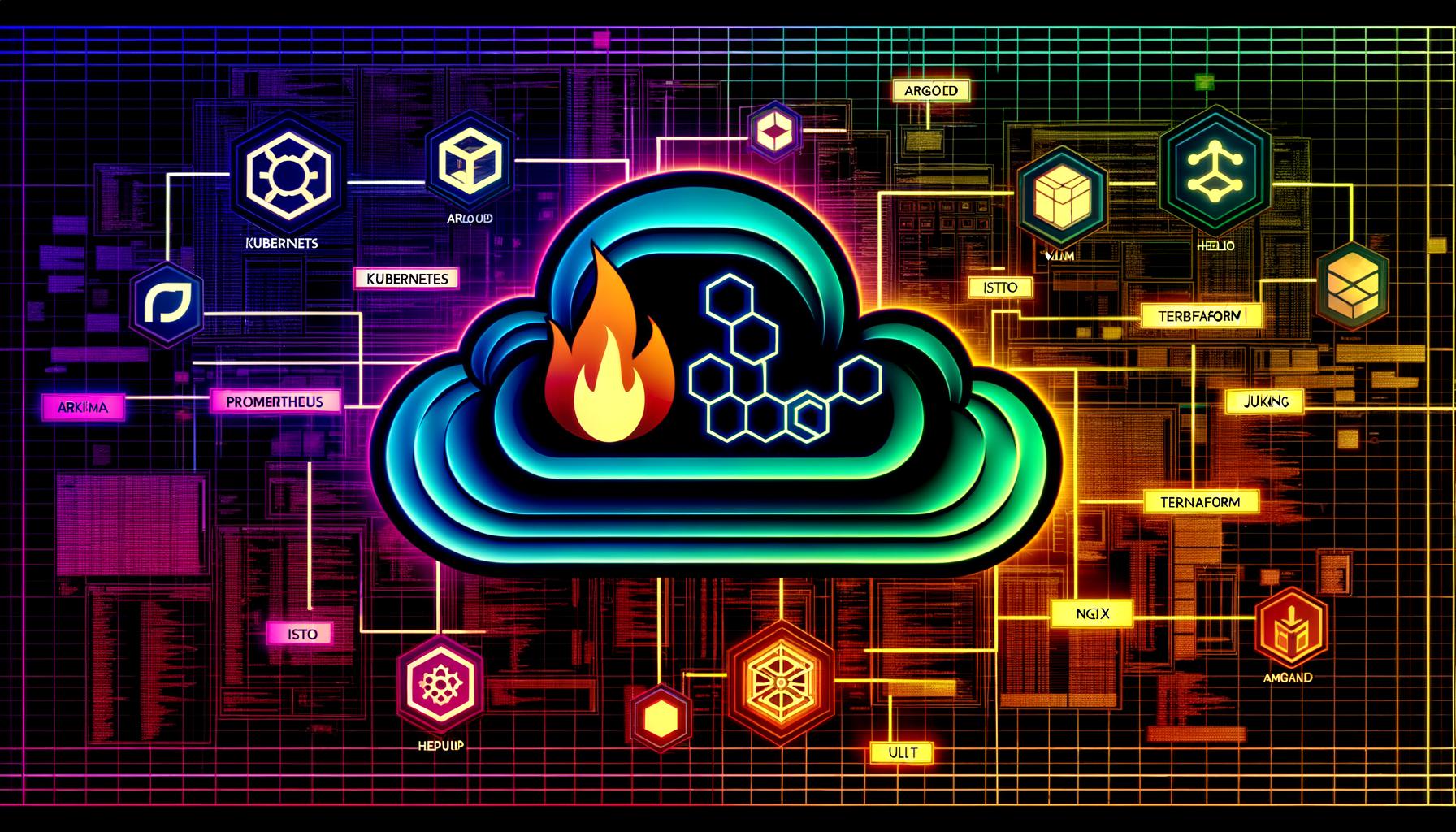 Hochmoderne Illustration einer Cloud-Infrastruktur mit zentraler Cloud, verbundenen Icons von Kubernetes, Prometheus, Terraform, Helm, Grafana, ArgoCD, Jenkins X, Istio, Vault und NGINX, neonleuchtenden Verbindungslinien und technischen Details im Hintergrund.