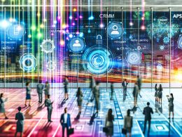 Futuristische Geschäftsszene mit schwebendem transparentem Dashboard, Menschen unterschiedlicher Nationalitäten an holografischen Interfaces und farbenfrohen Datenströmen, im Hintergrund vernetzte Geräte und stilisierte Datenpunkte.