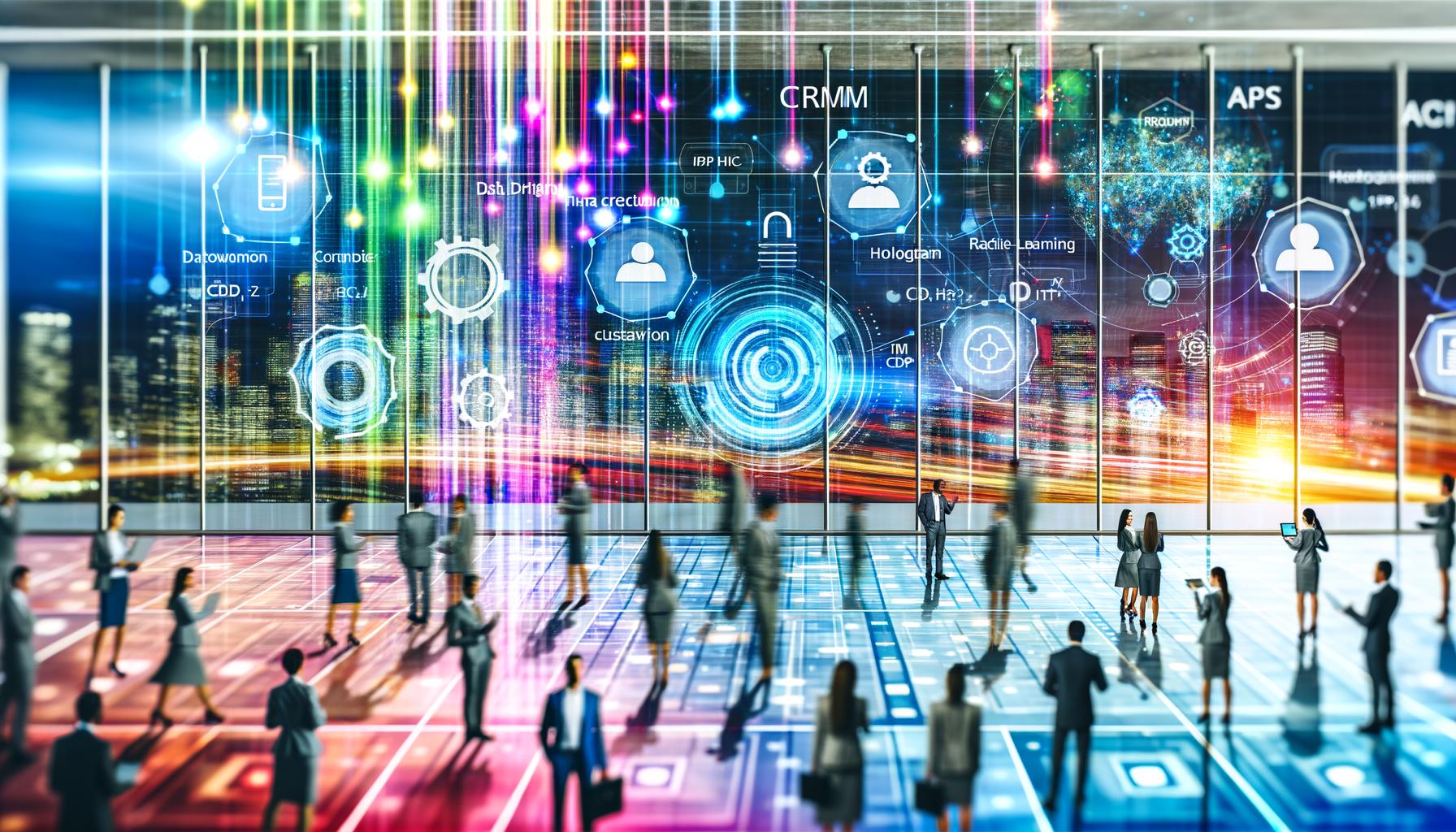 Futuristische Geschäftsszene mit schwebendem transparentem Dashboard, Menschen unterschiedlicher Nationalitäten an holografischen Interfaces und farbenfrohen Datenströmen, im Hintergrund vernetzte Geräte und stilisierte Datenpunkte.