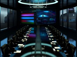 Futuristischer, düsterer Konferenzraum mit Politikern und Beratern, schattierte Gesichter, übersät mit Akten und Laptops, im Hintergrund große Bildschirme mit bunten Powerpoint-Diagrammen und moderner Regierungsarchitektur.