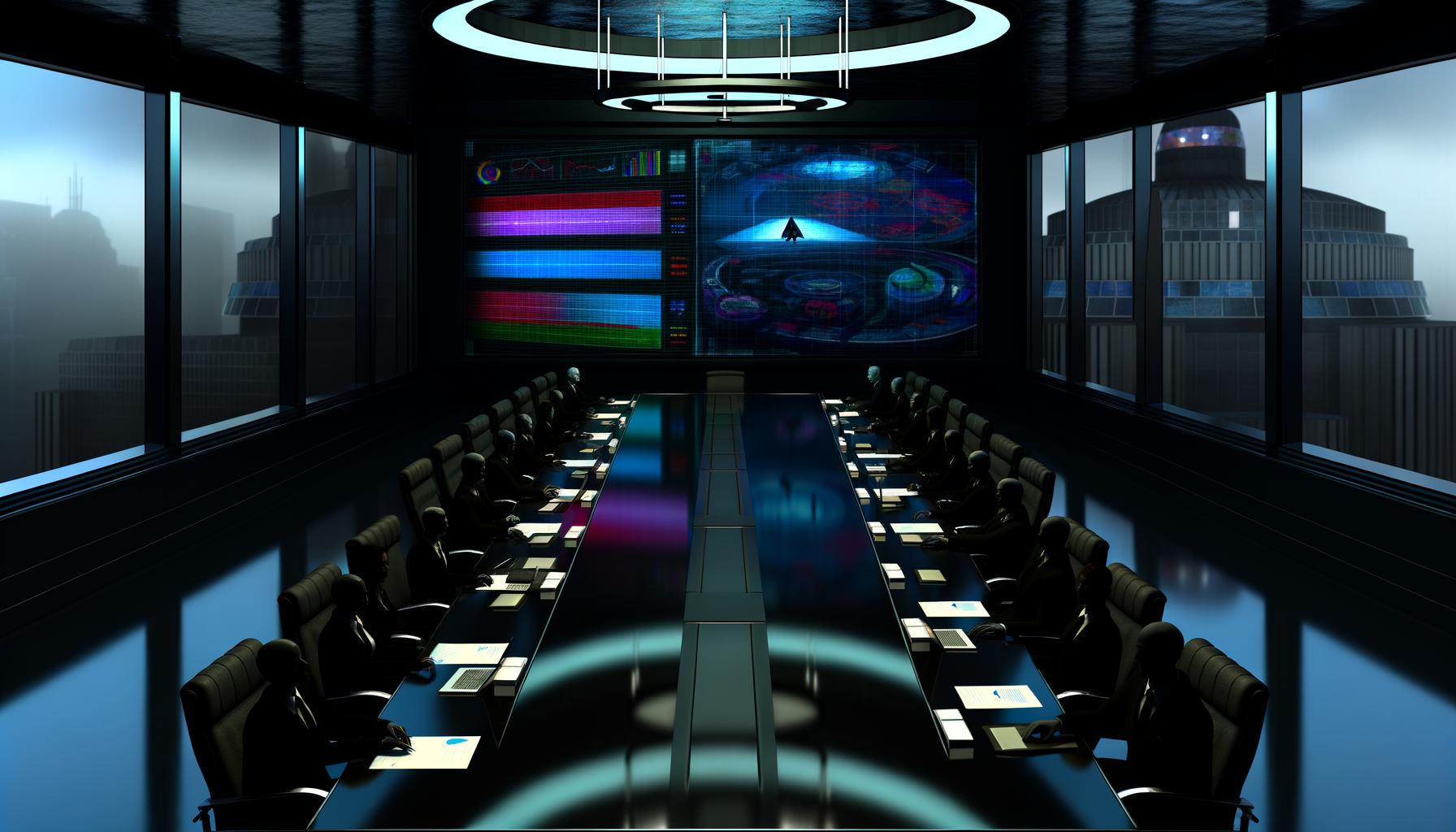 Futuristischer, düsterer Konferenzraum mit Politikern und Beratern, schattierte Gesichter, übersät mit Akten und Laptops, im Hintergrund große Bildschirme mit bunten Powerpoint-Diagrammen und moderner Regierungsarchitektur.