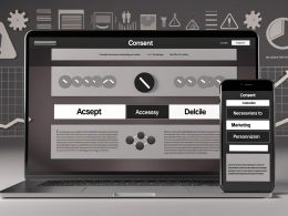 Moderne Website mit großem Consent-Banner auf Laptop und Smartphone, deutliche Akzeptieren- und Ablehnen-Buttons, Kategorien ohne vorausgewählte Optionen, dezente technische und rechtliche Icons im Hintergrund.
