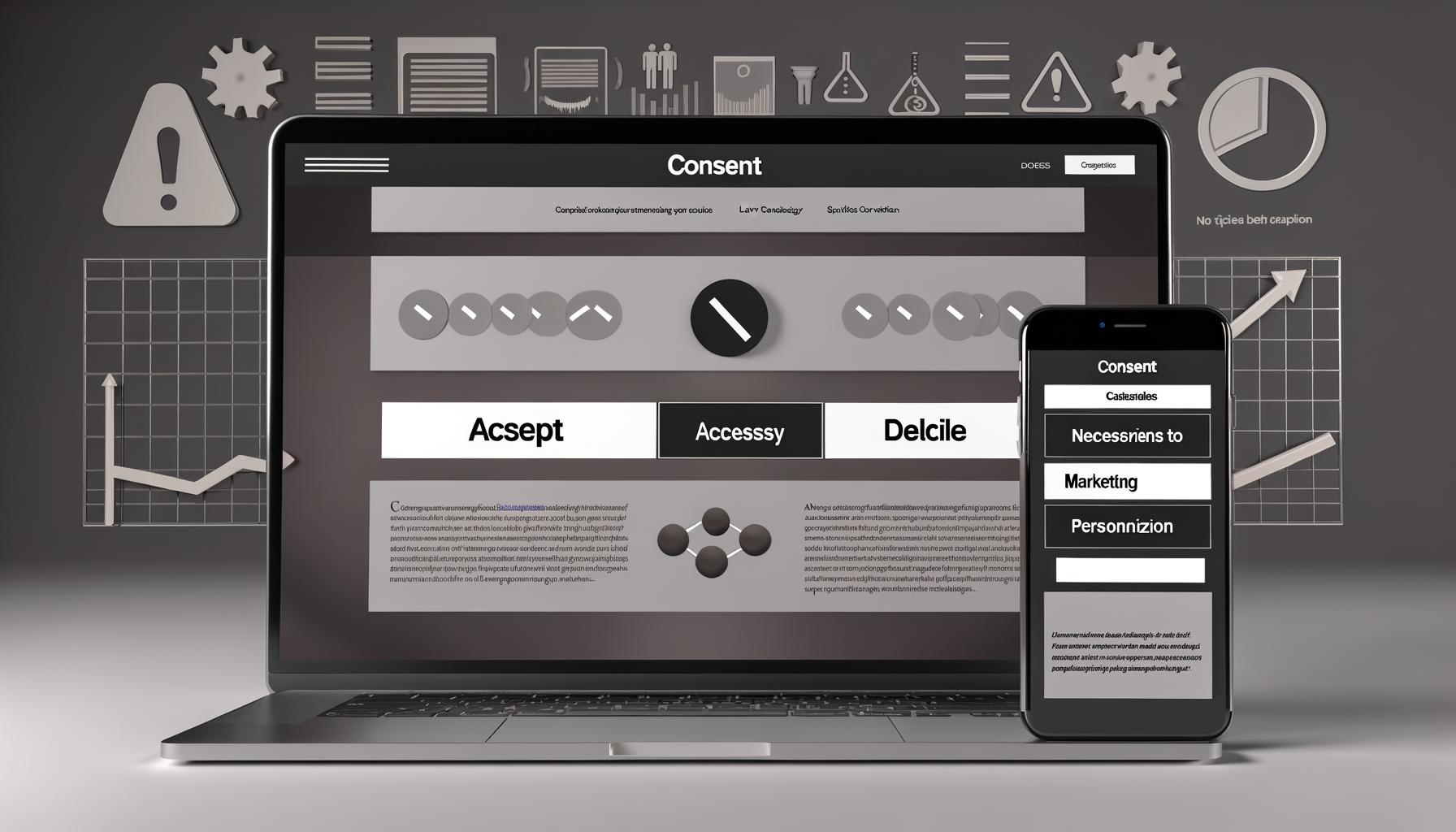 Moderne Website mit großem Consent-Banner auf Laptop und Smartphone, deutliche Akzeptieren- und Ablehnen-Buttons, Kategorien ohne vorausgewählte Optionen, dezente technische und rechtliche Icons im Hintergrund.