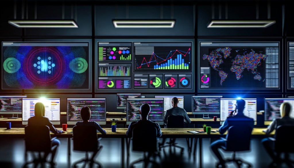 Team aus Marketers und Datenanalysten arbeitet an großen Monitoren mit Dashboards, Diagrammen und Machine-Learning-Code in einem modernen, dunklen Büro.