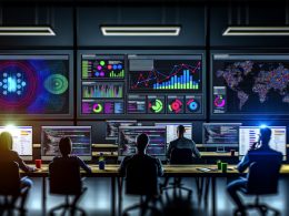 Team aus Marketers und Datenanalysten arbeitet an großen Monitoren mit Dashboards, Diagrammen und Machine-Learning-Code in einem modernen, dunklen Büro.