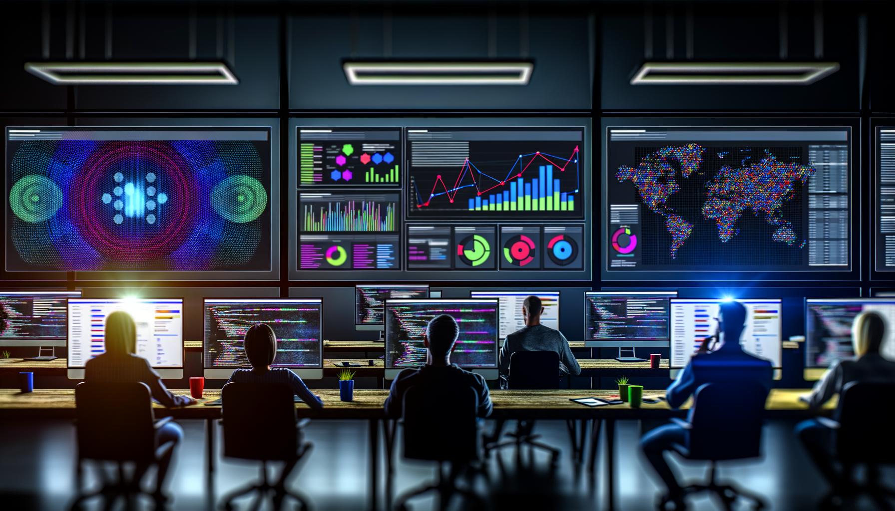 Team aus Marketers und Datenanalysten arbeitet an großen Monitoren mit Dashboards, Diagrammen und Machine-Learning-Code in einem modernen, dunklen Büro.