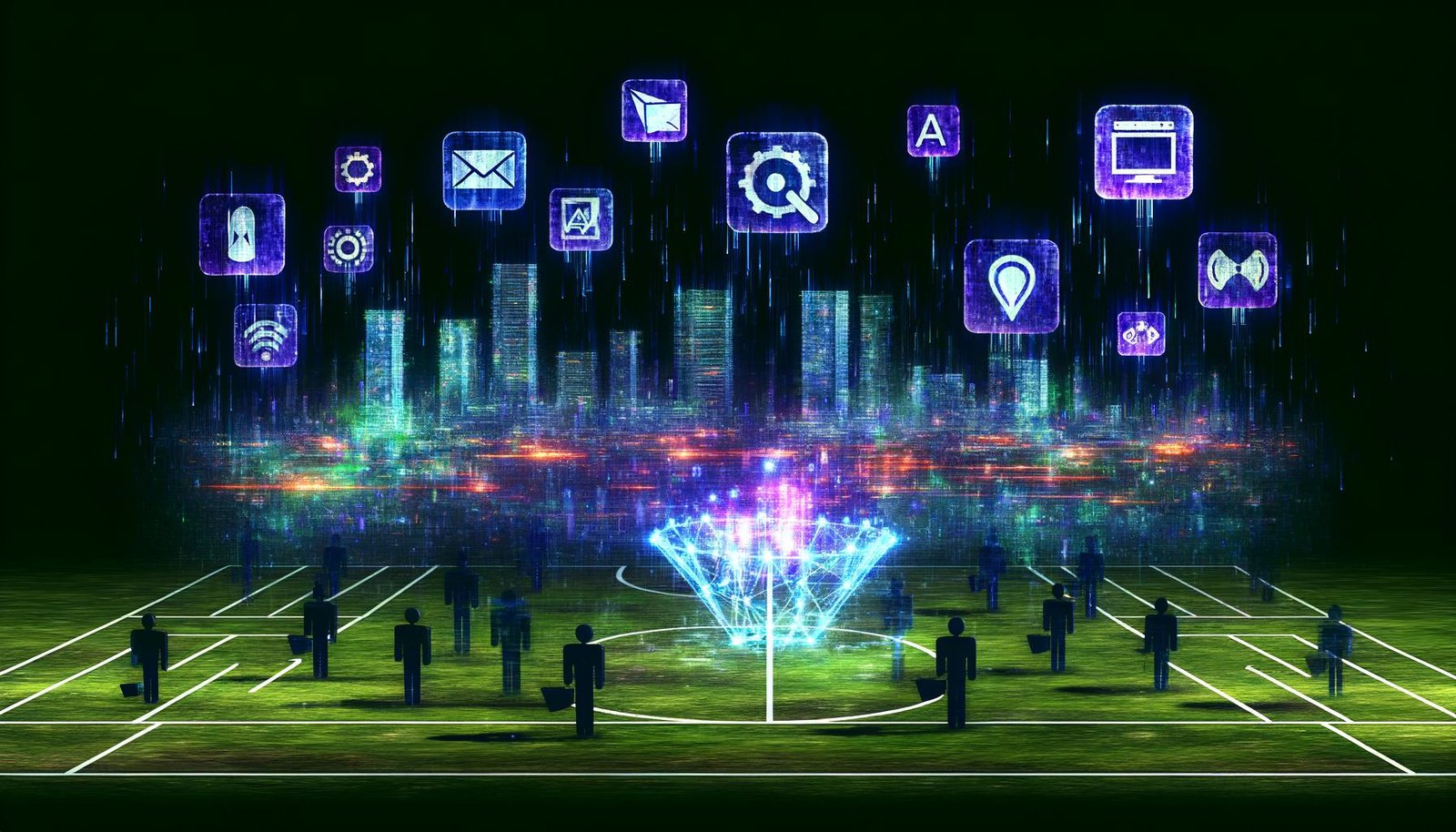 Futuristische Illustration einer digitalen Marketing-Landschaft mit zerfallenden klassischen Werbemitteln, einer hochmodernen Datenmetropole voller KI-Hologramme und Web3-Symbole, und schemenhaften Figuren, die mit innovativen Tools arbeiten.