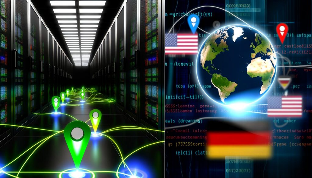 Stylisierte Visualisierungen zu Server-Standorten, Geolokalisierung, CDN-Architektur, Latenz-Messung und SEO-Checklisten, inklusive Infografiken moderner Technik und Ranking-Diagrammen.