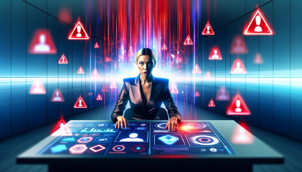 Futuristischer Marketing-Manager vor digitalen Bildschirmen, Datenströmen und Warnsymbolen im modernen Büro im Jahr 2025