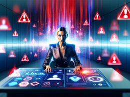 Futuristischer Marketing-Manager vor digitalen Bildschirmen, Datenströmen und Warnsymbolen im modernen Büro im Jahr 2025