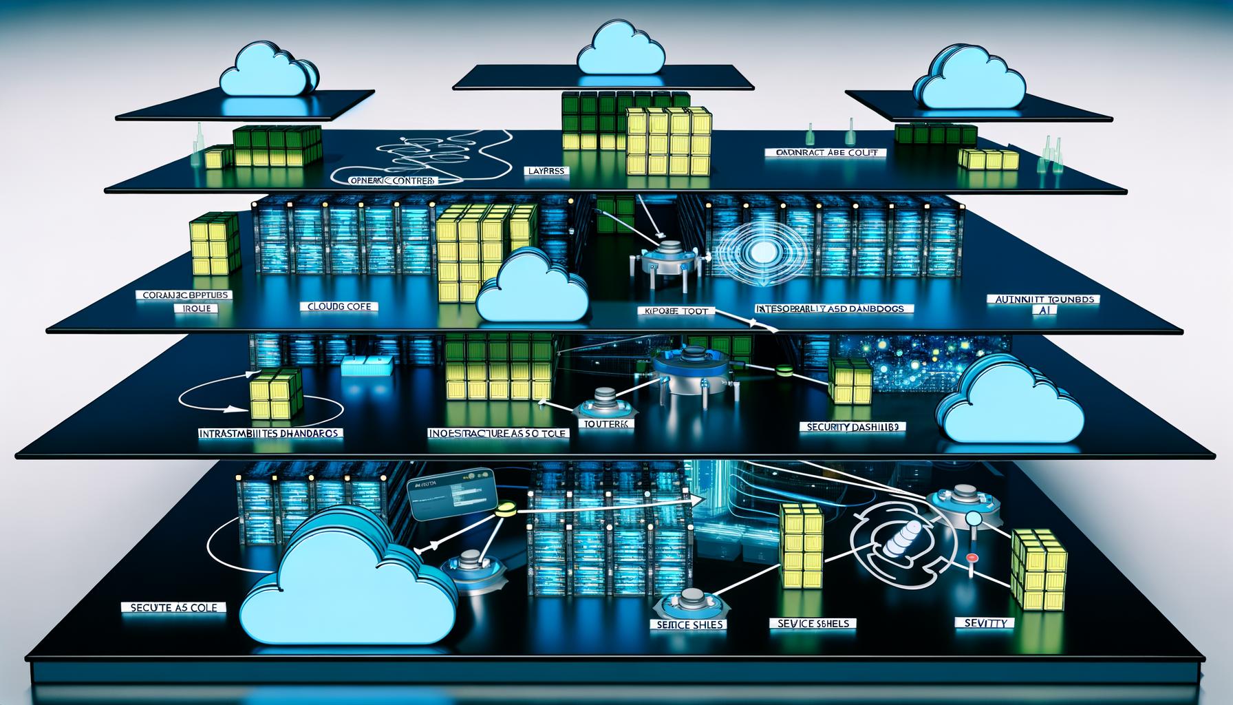 Illustration einer hochmodernen Cloud-Architektur mit interagierenden Kubernetes-Clustern, CI/CD, Infrastructure as Code, Observability, Security, Service Mesh und API-Gateways, alles in modularen, farbigen Ebenen angeordnet.