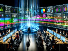 Dramatischer, futuristischer Kontrollraum mit Marketers vor zahlreichen digitalen Bildschirmen, Datenströmen und KPIs, zentrales Data Warehouse, umgeben von modernen Analytics- und KI-Icons.