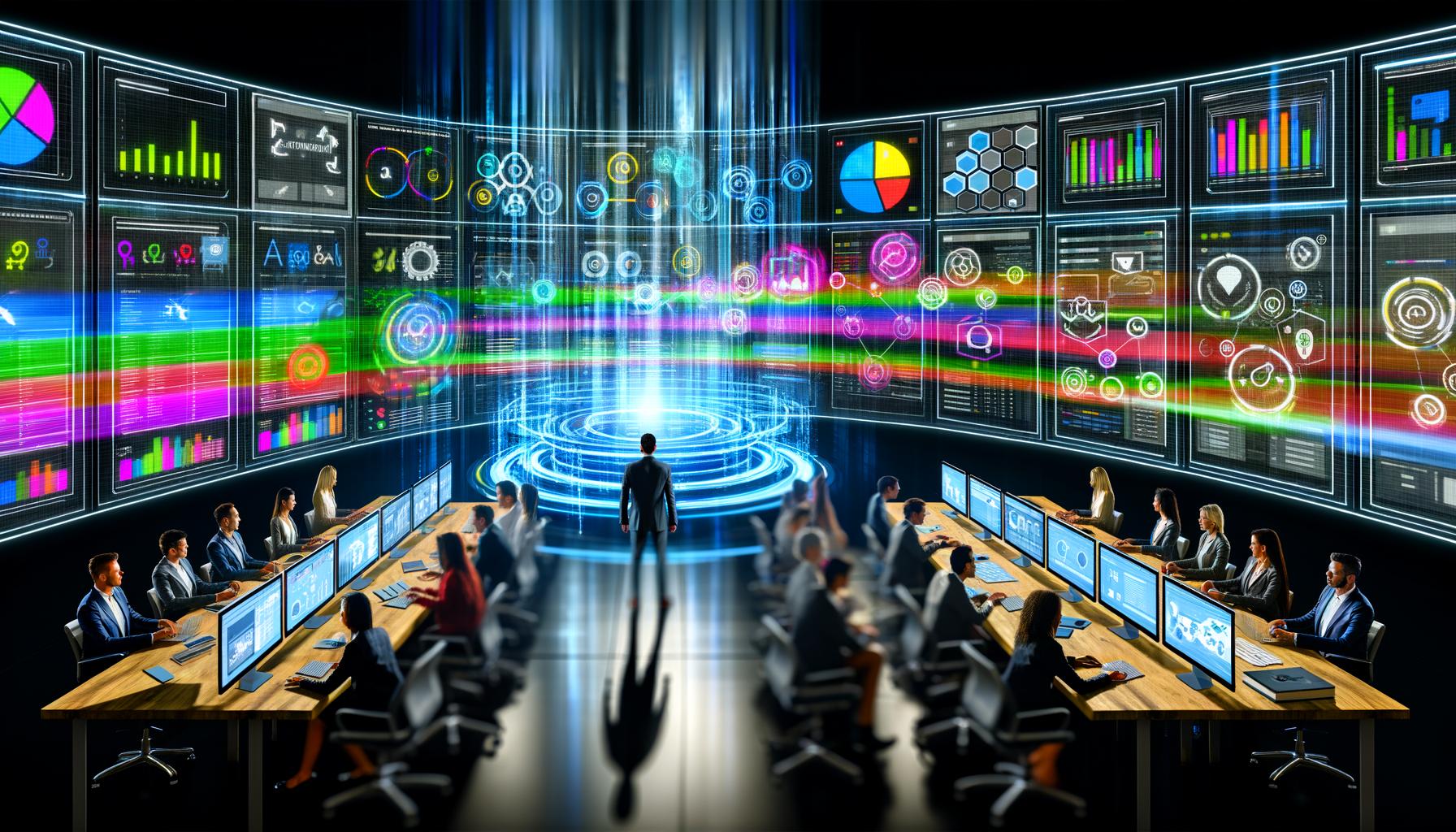 Dramatischer, futuristischer Kontrollraum mit Marketers vor zahlreichen digitalen Bildschirmen, Datenströmen und KPIs, zentrales Data Warehouse, umgeben von modernen Analytics- und KI-Icons.