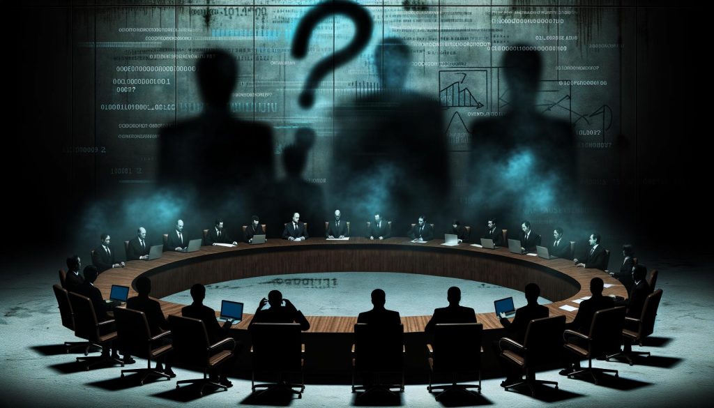 Satirisches Bild eines Konferenzraums mit anonymen Entscheidungsträgern, Beratern, Lobbyisten und Datenströmen, überragt von einem großen Fragezeichen.