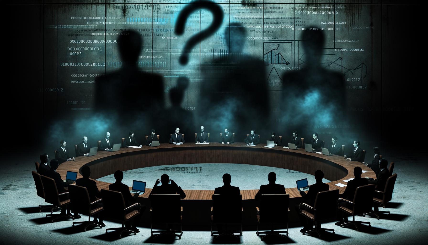 Satirisches Bild eines Konferenzraums mit anonymen Entscheidungsträgern, Beratern, Lobbyisten und Datenströmen, überragt von einem großen Fragezeichen.