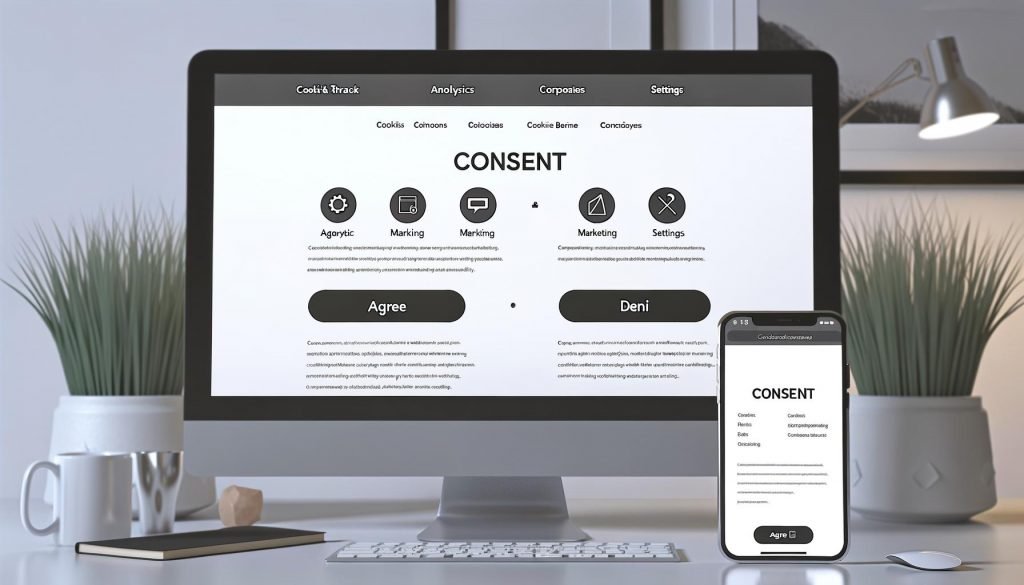 Minimalistisches Consent-Banner auf Computer- und Smartphone-Display mit deutlichen Cookie-Kategorien, verständlichen Icons und übersichtlichen Auswahlmöglichkeiten.