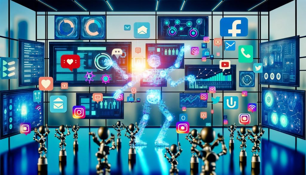 Futuristischer Marketing-Workspace mit Monitoren, Social-Media-Icons, API-Schnittstellen sowie Menschen und Roboterarmen, die gemeinsam Content erstellen und Daten analysieren.