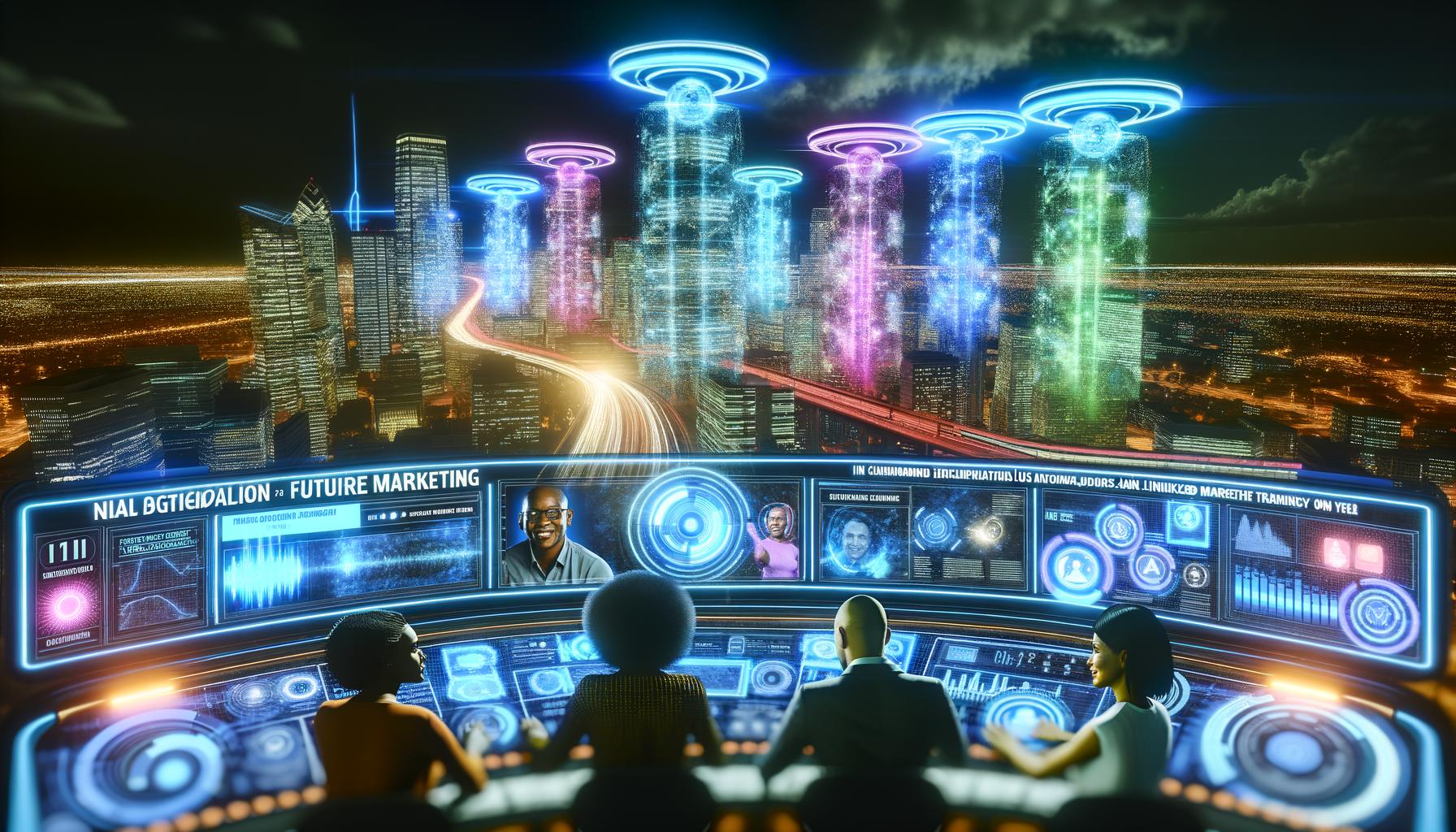 Hypermoderne digitale Stadt bei Nacht mit holografischer Werbung, Datenströmen und einem Marketingteam am futuristischen Dashboard.