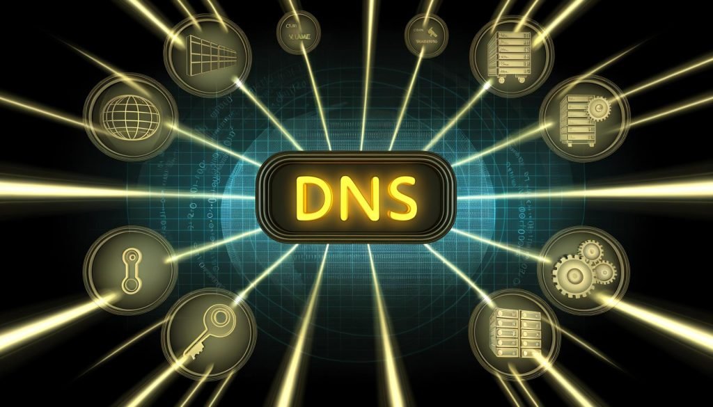 Futuristisches digitales Bedienfeld mit prominentem DNS-Label, verbunden mit Serverracks, Weltkugeln, Symbolen für Sicherheit und Netzwerk, vor einer Matrix aus Datenströmen.