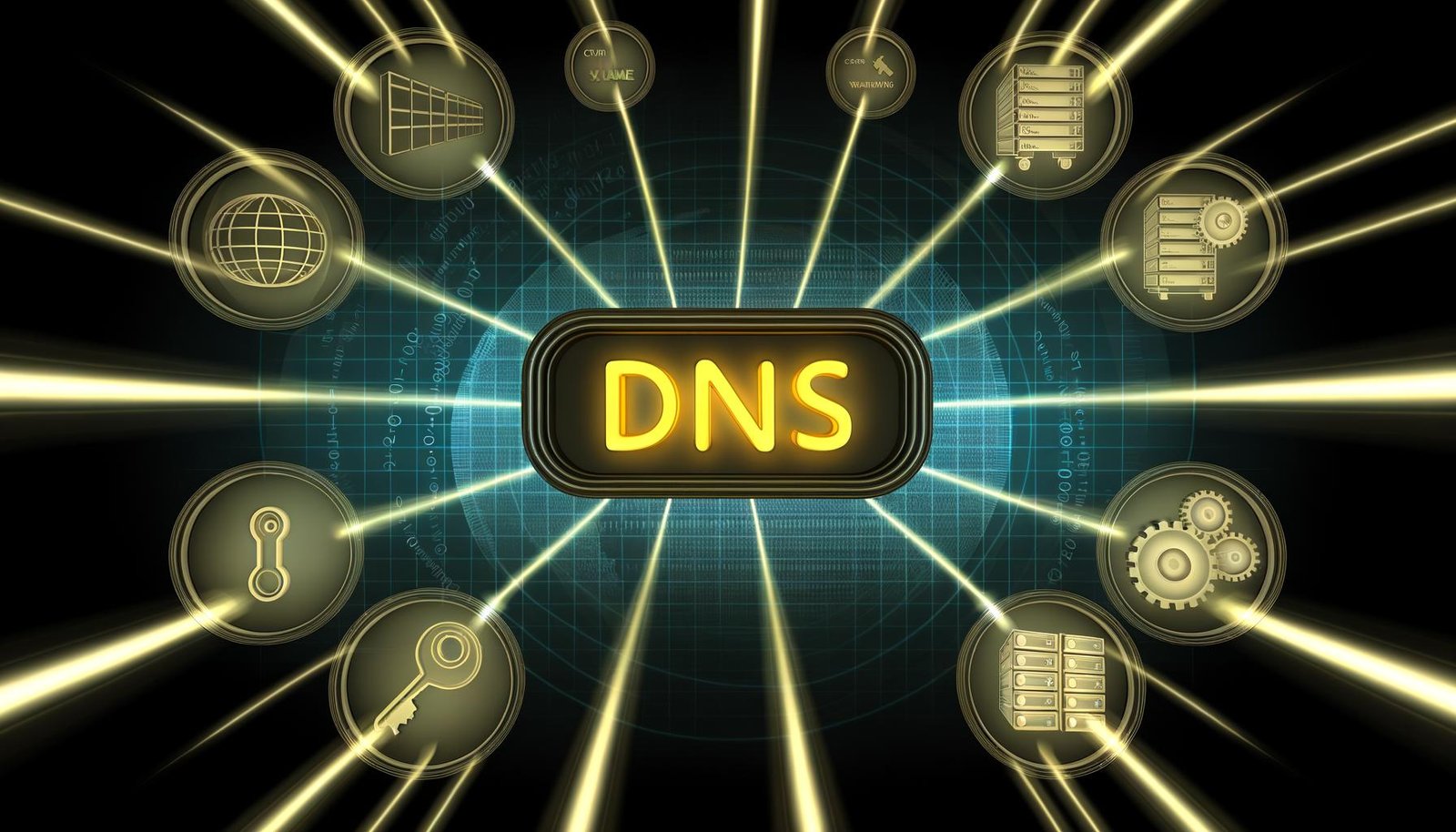 Futuristisches digitales Bedienfeld mit prominentem DNS-Label, verbunden mit Serverracks, Weltkugeln, Symbolen für Sicherheit und Netzwerk, vor einer Matrix aus Datenströmen.