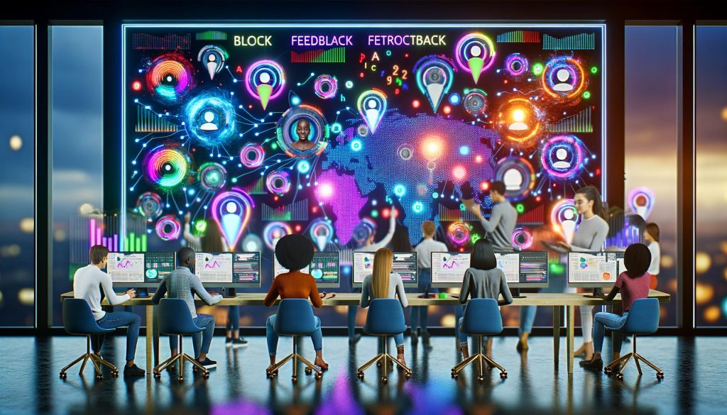 Illustration einer innovativen Marketing-Agentur mit großem Dashboard, Datenströmen, KI-Chatbots, Mitarbeitern an modernen Arbeitsplätzen und abstrahierten neuronalen Netzen im Hintergrund.