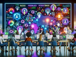 Illustration einer innovativen Marketing-Agentur mit großem Dashboard, Datenströmen, KI-Chatbots, Mitarbeitern an modernen Arbeitsplätzen und abstrahierten neuronalen Netzen im Hintergrund.