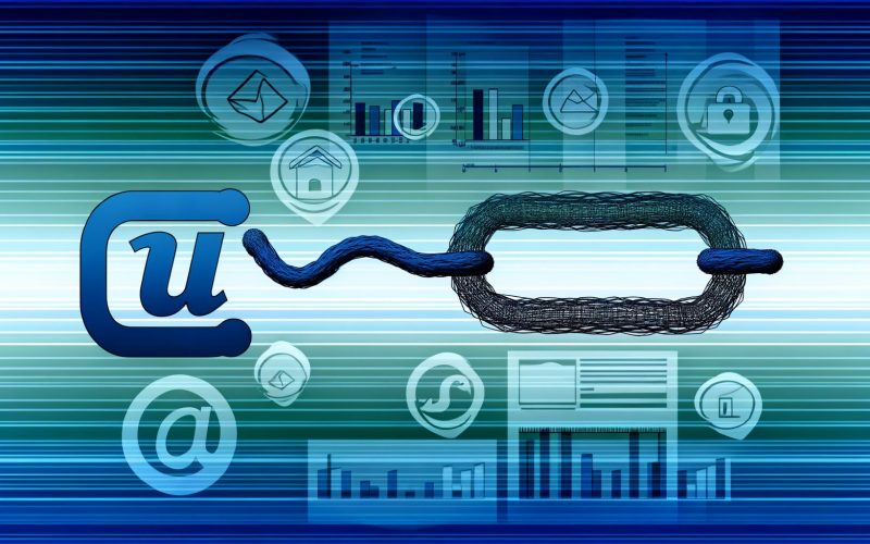 Illustration eines langen, verworrenen Weblinks, der sich in einen klaren, modernen Shortlink verwandelt, umgeben von Analyse- und Social-Media-Symbolen auf blau-weißem Interface.