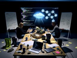 Tech-Redaktionsteam bei der konzentrierten Arbeit an Laptops und Whiteboards, umgeben von Notizen, Post-its und einem großen Dashboard mit Diagrammen und Code.