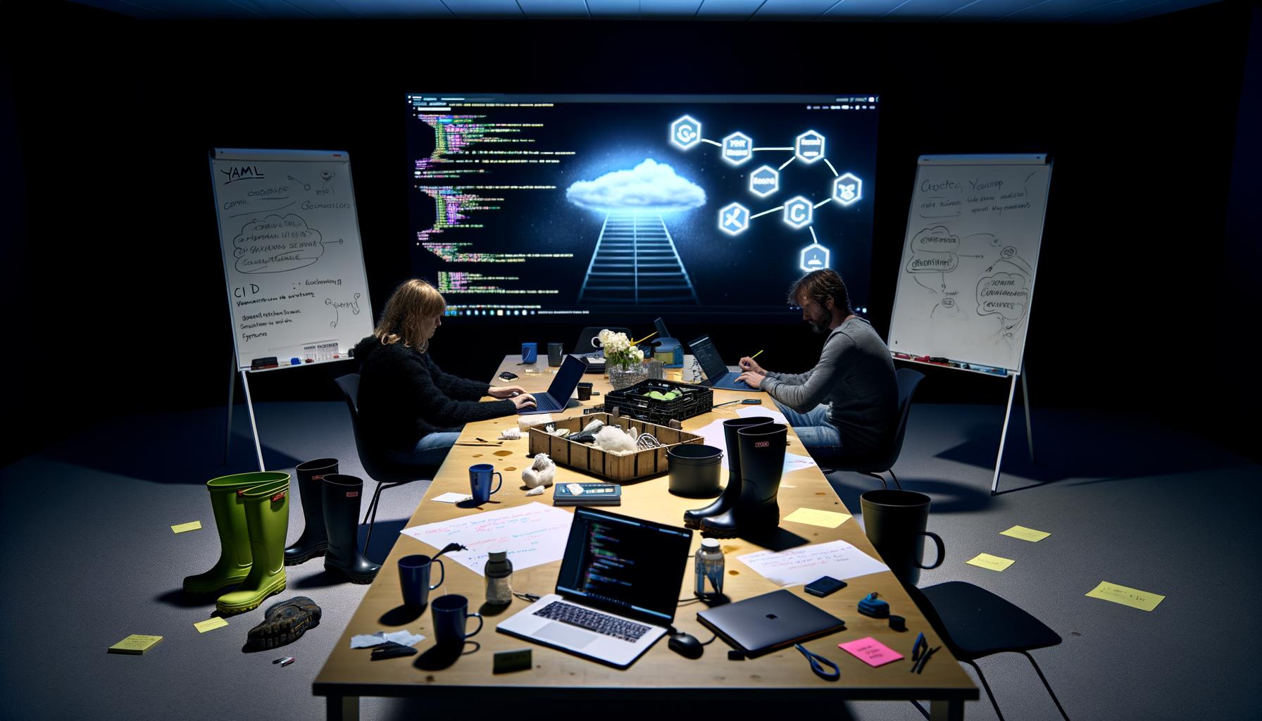 Tech-Redaktionsteam bei der konzentrierten Arbeit an Laptops und Whiteboards, umgeben von Notizen, Post-its und einem großen Dashboard mit Diagrammen und Code.